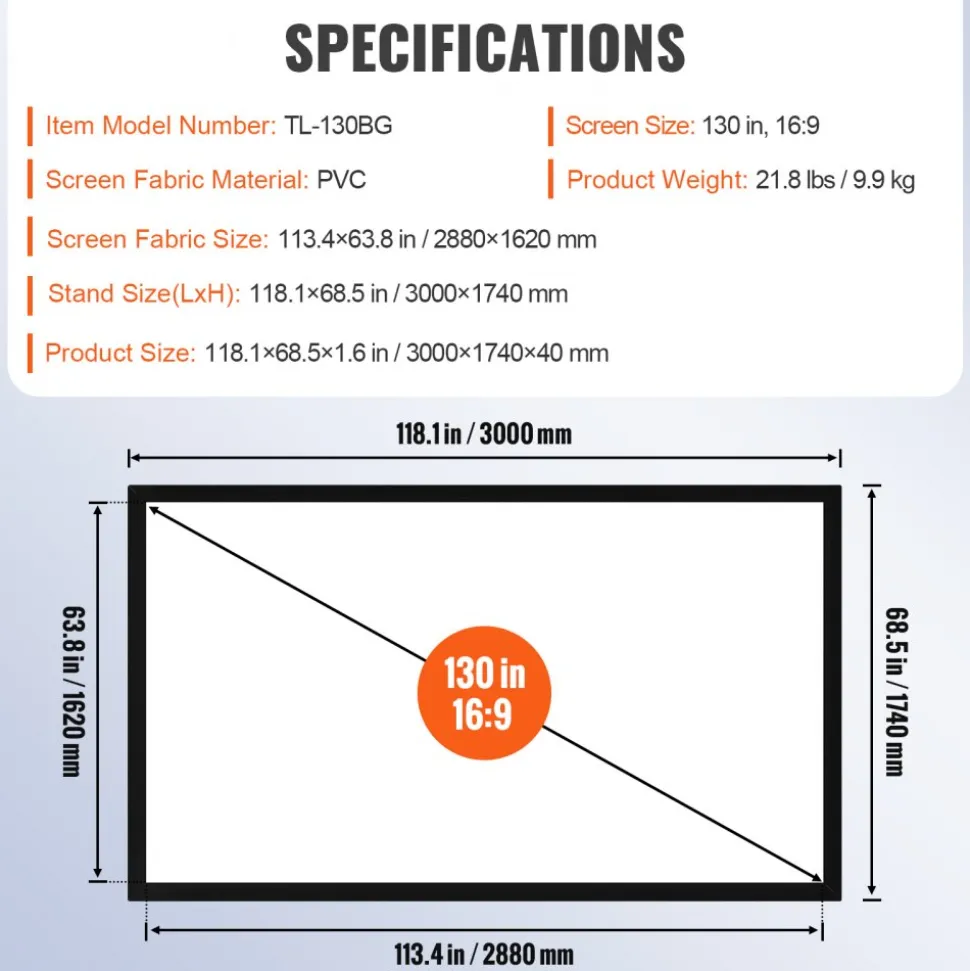 Big 130" Diagonal 16:9 HD Projector Screen Home Theater Outdoor Use