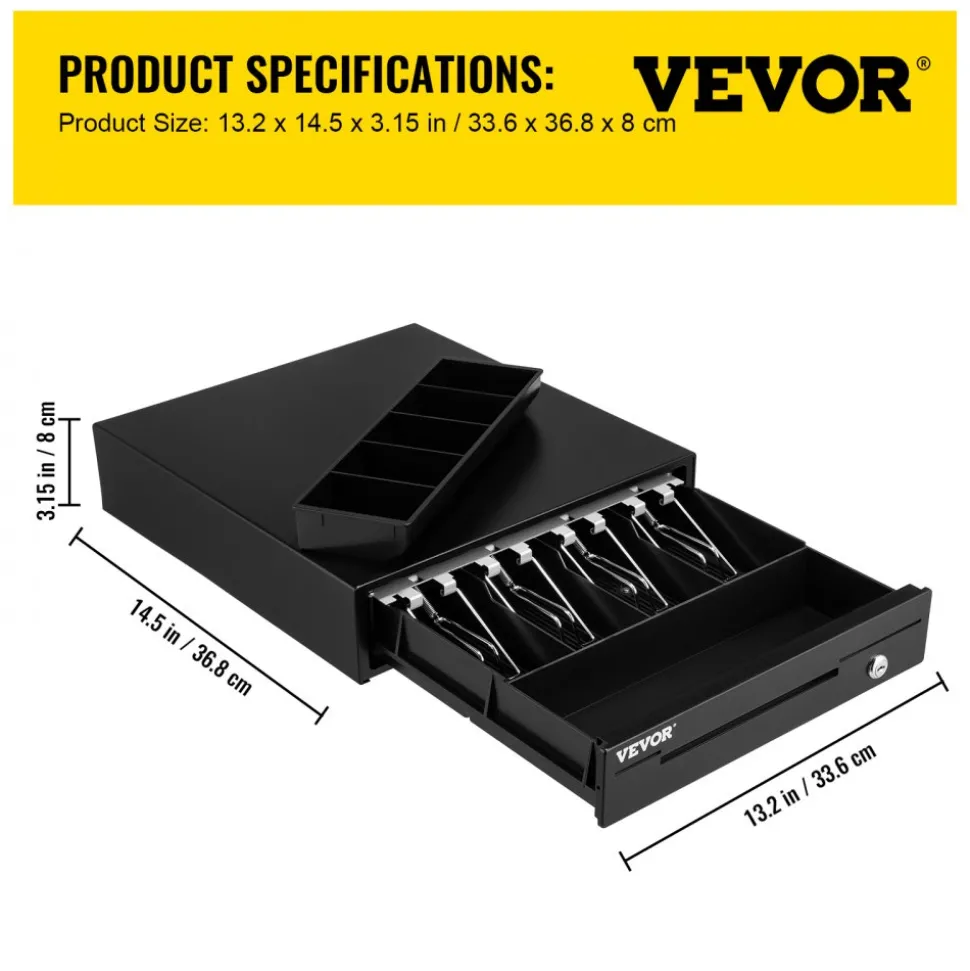 Cash Register Drawer, 13" 12 V, for POS System with 4 Bill 5 Coin Cash Tray, Removable Coin Compartment & 2 Keys Included, RJ11/RJ12 Cable for Supermarket, Bar, Coffee Shop, Restaurant