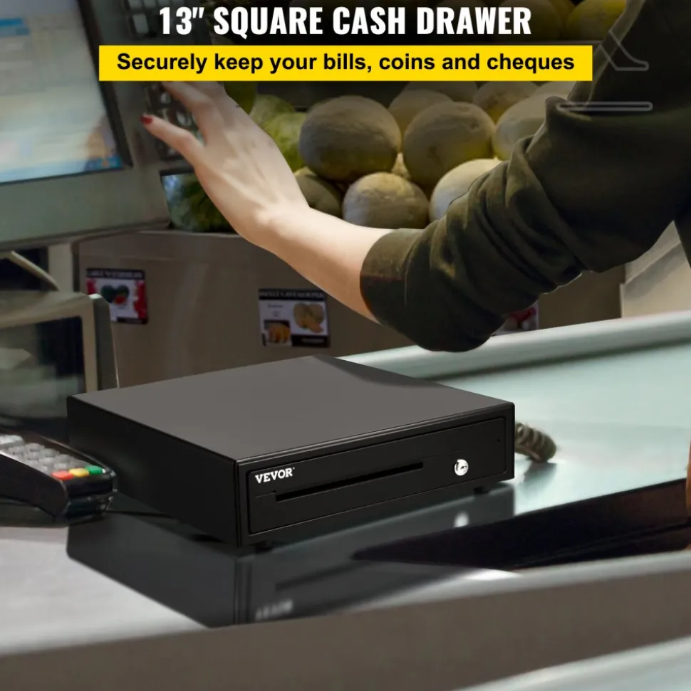 Cash Register Drawer, 13" 12 V, for POS System with 4 Bill 5 Coin Cash Tray, Removable Coin Compartment & 2 Keys Included, RJ11/RJ12 Cable for Supermarket, Bar, Coffee Shop, Restaurant