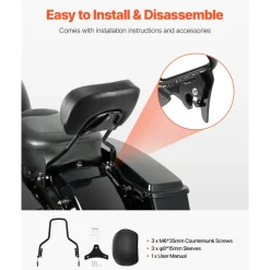 Detachable Motorcycle Passenger Backrest, Compatible with Harley-Davidson Touring, Street Glide, Road Glide, Road King, 16-Inch Height, Black