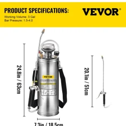 3 Gallon Stainless Steel Sprayer, 20" Wand & 3FT Reinforced Hose, Hand Pump Sprayer with Pressure Gauge, Safety Valve & Adjustable Nozzle, Garden Weed Sprayer for Lawn, Gardening & Sanitizing