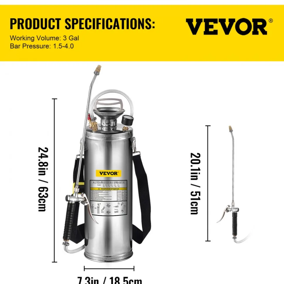 3 Gallon Stainless Steel Sprayer, 20" Wand & 3FT Reinforced Hose, Hand Pump Sprayer with Pressure Gauge, Safety Valve & Adjustable Nozzle, Garden Weed Sprayer for Lawn, Gardening & Sanitizing
