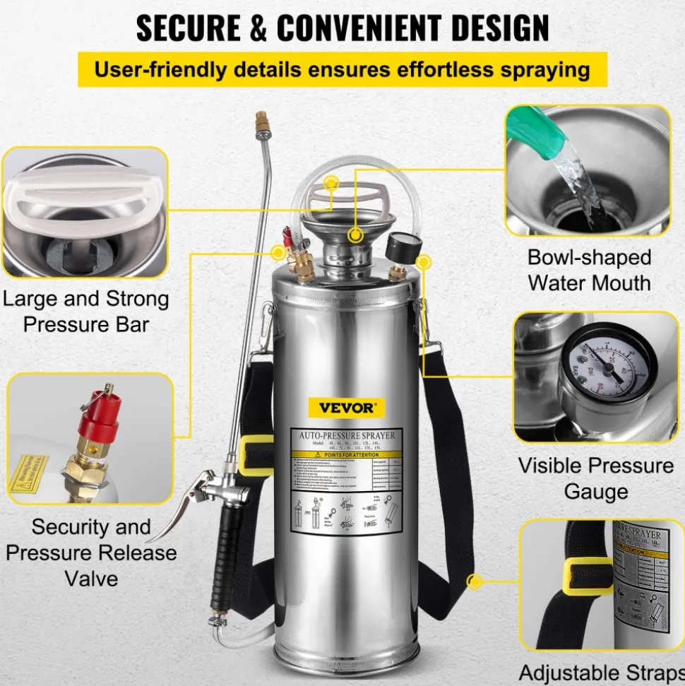 3 Gallon Stainless Steel Sprayer, 20" Wand & 3FT Reinforced Hose, Hand Pump Sprayer with Pressure Gauge, Safety Valve & Adjustable Nozzle, Garden Weed Sprayer for Lawn, Gardening & Sanitizing
