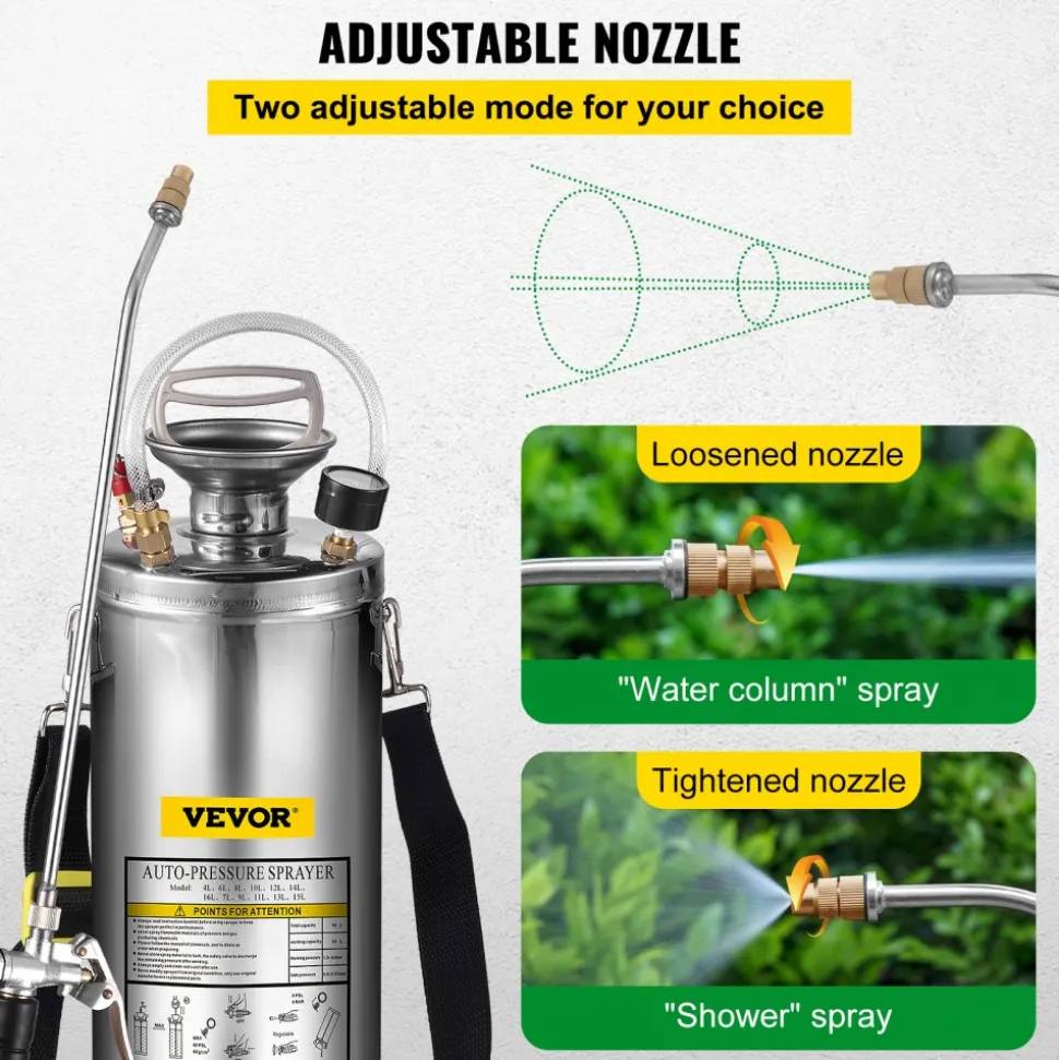3 Gallon Stainless Steel Sprayer, 20" Wand & 3FT Reinforced Hose, Hand Pump Sprayer with Pressure Gauge, Safety Valve & Adjustable Nozzle, Garden Weed Sprayer for Lawn, Gardening & Sanitizing