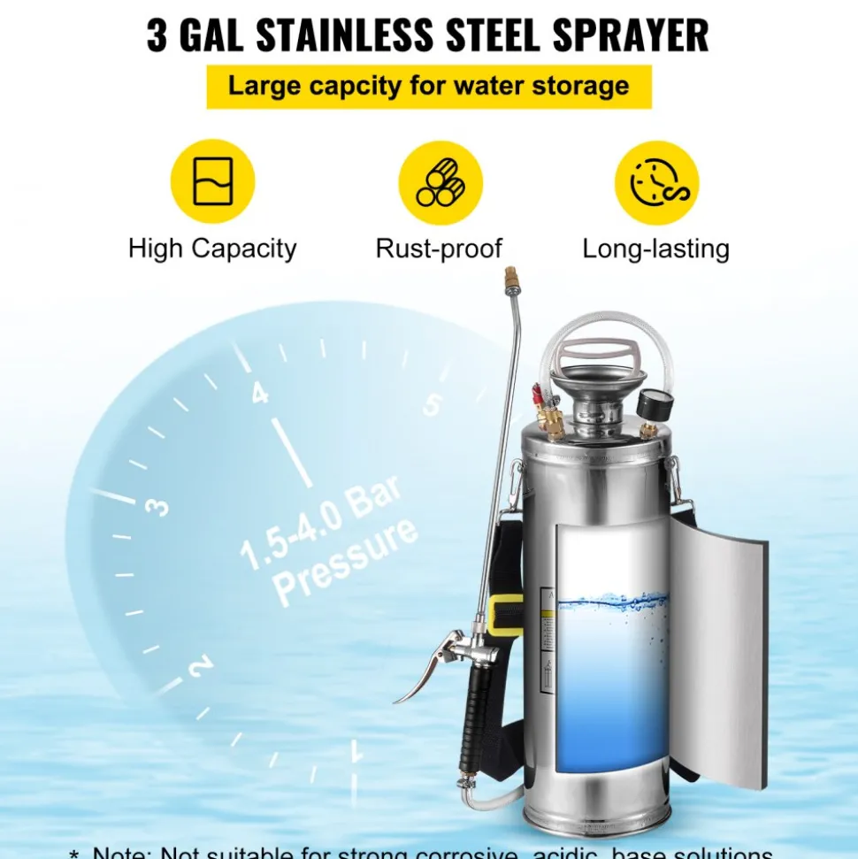 3 Gallon Stainless Steel Sprayer, 20" Wand & 3FT Reinforced Hose, Hand Pump Sprayer with Pressure Gauge, Safety Valve & Adjustable Nozzle, Garden Weed Sprayer for Lawn, Gardening & Sanitizing