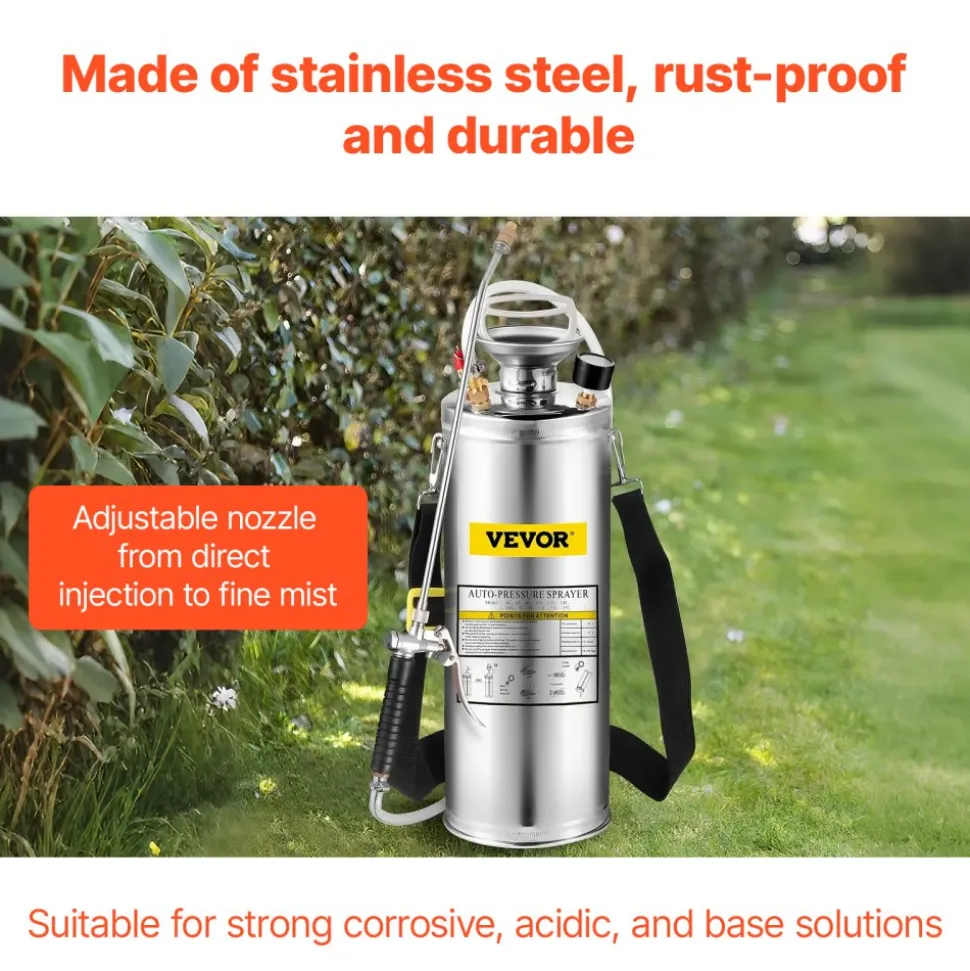 3 Gallon Stainless Steel Sprayer, 20" Wand & 3FT Reinforced Hose, Hand Pump Sprayer with Pressure Gauge, Safety Valve & Adjustable Nozzle, Garden Weed Sprayer for Lawn, Gardening & Sanitizing