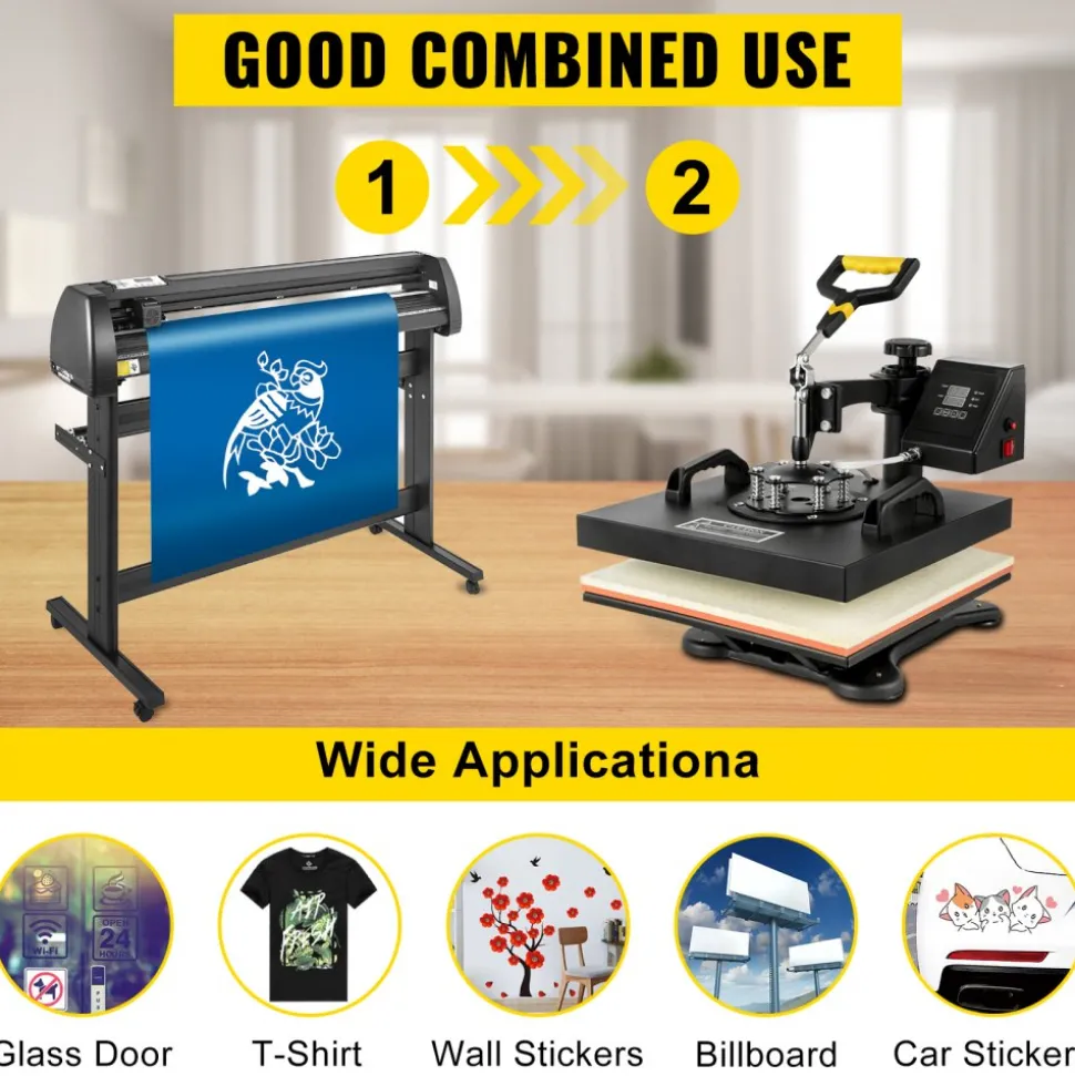 5 in1 Heat Press 15"x15" Vinyl Cutter Plotter 53" USB Port Sticker Print DIY
