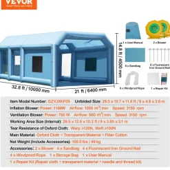 KFFKFF Portable Inflatable Painting Enclosure, Dimensions 32.8 x 21 x 14.8 ft, Equipped with 1100W+750W Robust Air Movers and Air Purification Setup, Suitable for Oversized Trucks, Vans, and Heavy Equipment