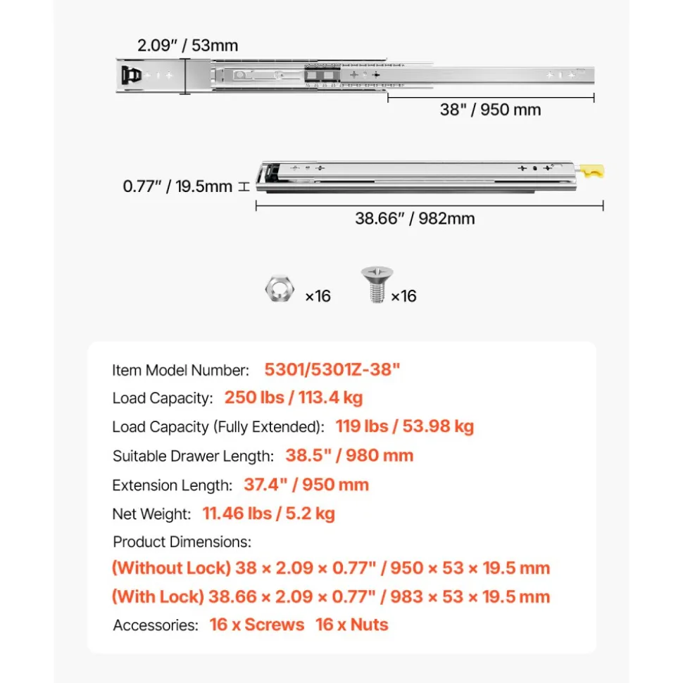 KFFKFF Set of 2 Drawer Rails, Full Extension, Available in Various Sizes from 16 to 60 inches, 250 lbs Weight Limit, Locking Mechanism, Ball Bearing Side Mount Drawer Slide Rail