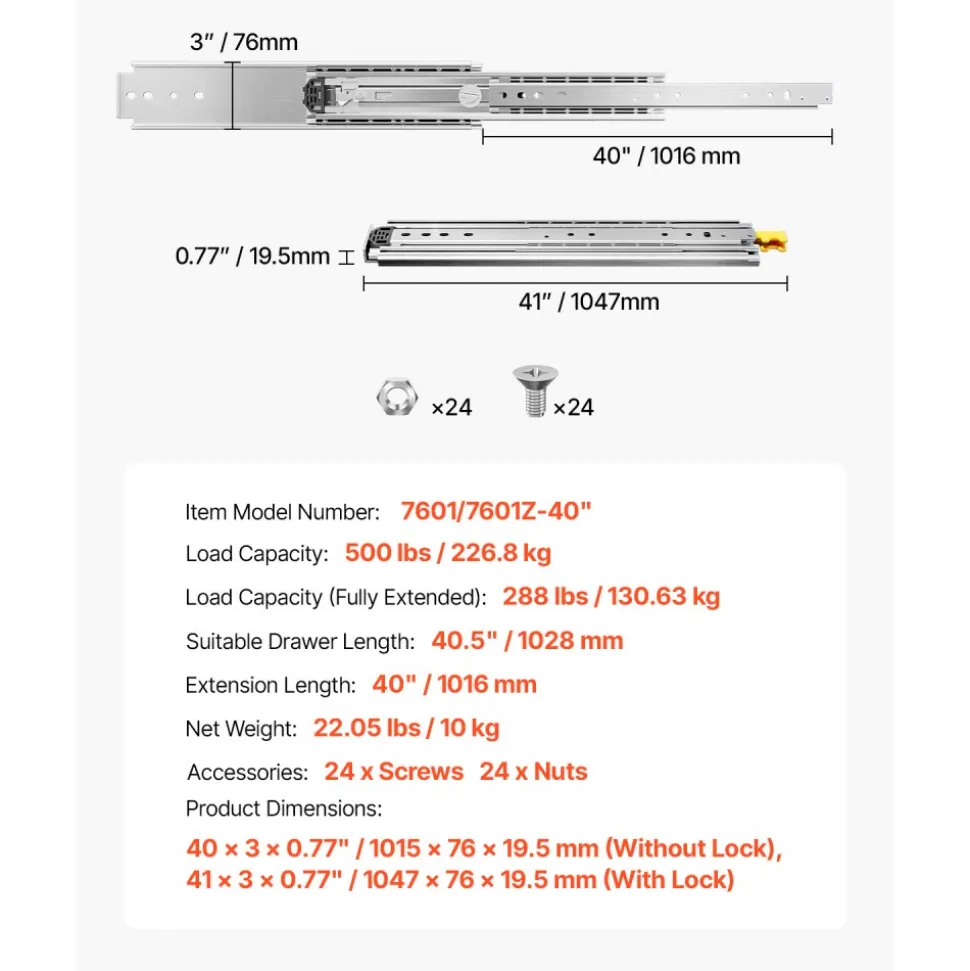 KFFKFF Set of Two Drawer Rails, Sizes Ranging from 16 to 60 inches, 500 lbs Weight Tolerance, Locking Mechanism Included, Ball Bearing Side Mount Drawer Slide Rail