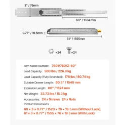 KFFKFF Set of Two Drawer Rails, Sizes Varying from 16 to 60 inches, 500 lbs Weight Tolerance, Lockable Ball Bearing Side Mounted Drawer Slide Rail