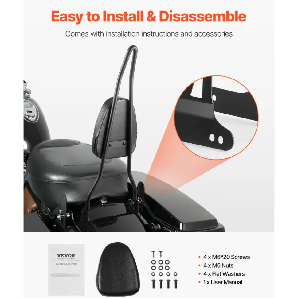 Motorcycle Backrest Sissy Bar, Compatible with Harley-Davidson Dyna Street Glide, Road Glide, and Road King, 29-Inch Height Detachable Passenger Backrest, Black
