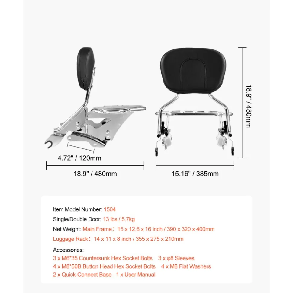 Motorcycle Backrest Sissy Bar with Luggage Rack, Compatible with Honda Rebel CMX 1100 2021-2022, 18-Inch Height, Removable Passenger Backrest, Durable Metal Frame with Leather Pad, Black