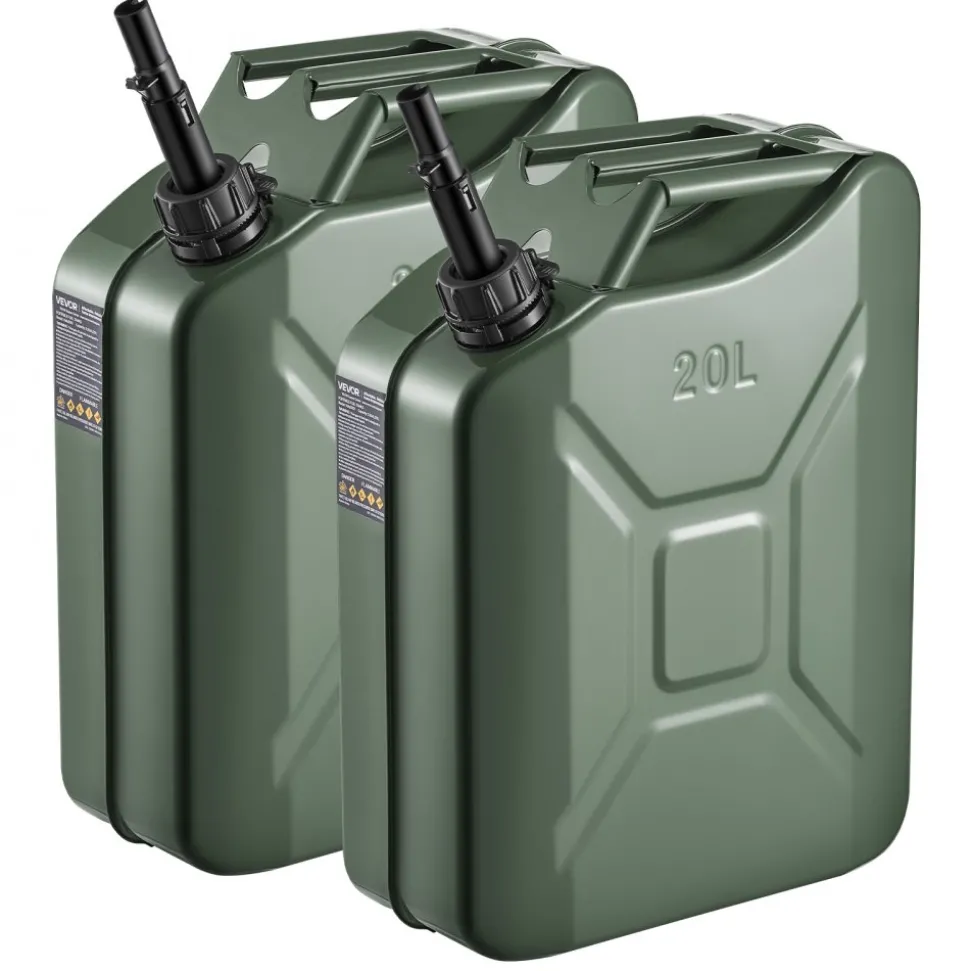 Newly Upgraded Oil-Tight!VEVOR Metal Fuel Container, 5.3 Gallon, Fuel Jerry Can with Spout and Comfort Handle, 6 L/min Max Flow Rate, Leakproof & Corrosion-resistant Metal Gas Tank Most Cars Motorcycle ATV UTV, Green, 2 Packs