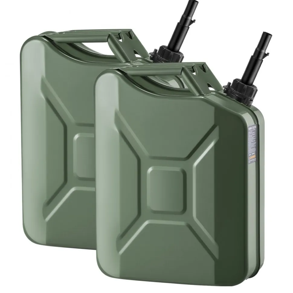 Newly Upgraded Oil-Tight!VEVOR Metal Fuel Container, 5.3 Gallon, Fuel Jerry Can with Spout and Comfort Handle, 6 L/min Max Flow Rate, Leakproof & Corrosion-resistant Metal Gas Tank Most Cars Motorcycle ATV UTV, Green, 2 Packs