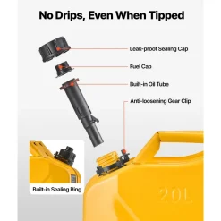 Newly Upgraded Oil-Tight VEVOR Metal Fuel Container, 5.3 Gallon, Fuel Jerry Can with Spout and Comfort Handle, 6 L/min Max Flow Rate, Leakproof & Corrosion-resistant Metal Gas Tank Most Cars Motorcycle ATV UTV, Yellow
