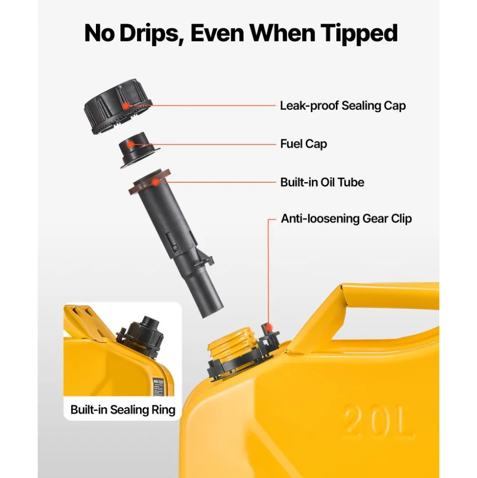 Newly Upgraded Oil-Tight VEVOR Metal Fuel Container, 5.3 Gallon, Fuel Jerry Can with Spout and Comfort Handle, 6 L/min Max Flow Rate, Leakproof & Corrosion-resistant Metal Gas Tank Most Cars Motorcycle ATV UTV, Yellow