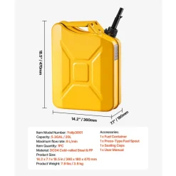 Newly Upgraded Oil-Tight VEVOR Metal Fuel Container, 5.3 Gallon, Fuel Jerry Can with Spout and Comfort Handle, 6 L/min Max Flow Rate, Leakproof & Corrosion-resistant Metal Gas Tank Most Cars Motorcycle ATV UTV, Yellow