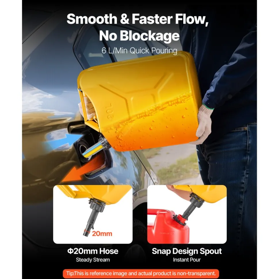 Newly Upgraded Oil-Tight VEVOR Metal Fuel Container, 5.3 Gallon, Fuel Jerry Can with Spout and Comfort Handle, 6 L/min Max Flow Rate, Leakproof & Corrosion-resistant Metal Gas Tank Most Cars Motorcycle ATV UTV, Yellow