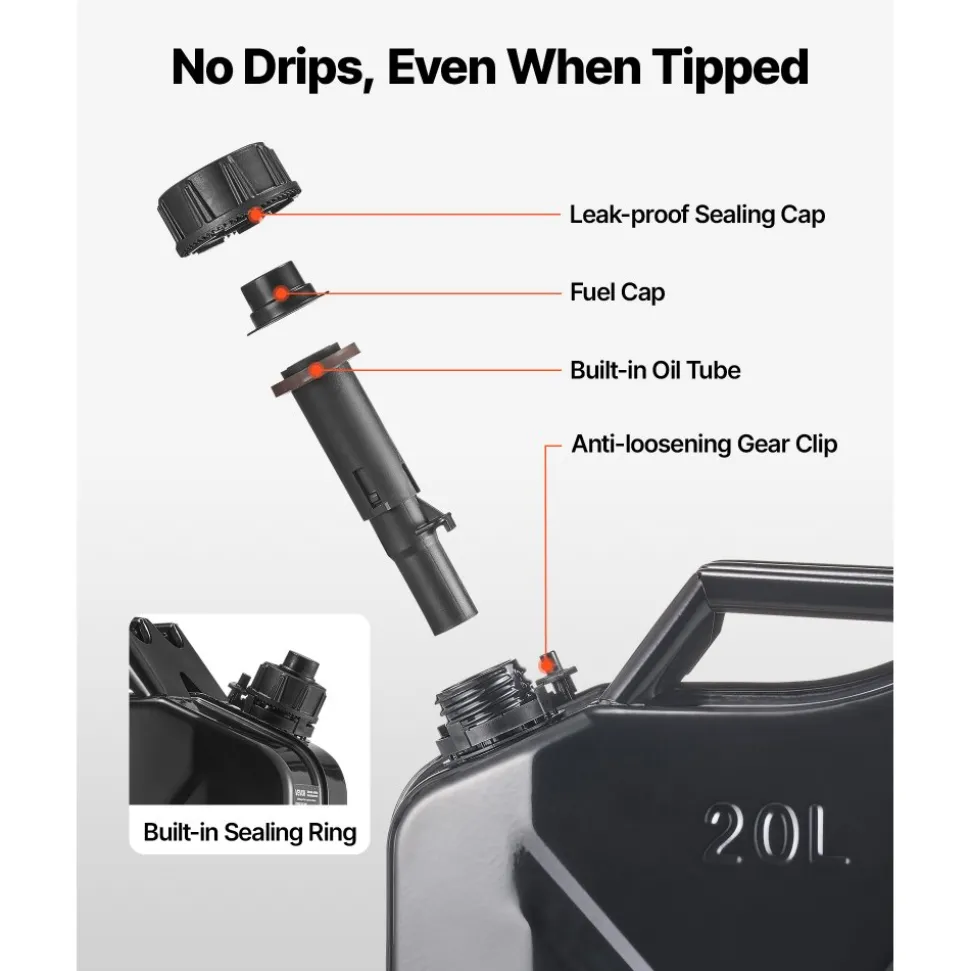 Newly Upgraded Oil-Tight!VEVOR Metal Fuel Container, 5.3 Gallon, Fuel Jerry Can with Spout and Comfort Handle, 6 L/min Max Flow Rate, Leakproof & Corrosion-resistant Metal Gas Tank Most Cars Motorcycle ATV UTV, Black