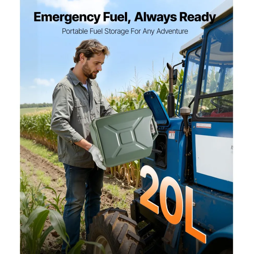 Newly Upgraded Oil-Tight!VEVOR Metal Fuel Container, 5.3 Gallon, Fuel Jerry Can with Spout and Comfort Handle, 6 L/min Max Flow Rate, Leakproof & Corrosion-resistant Metal Gas Tank Most Cars Motorcycle ATV UTV, Green