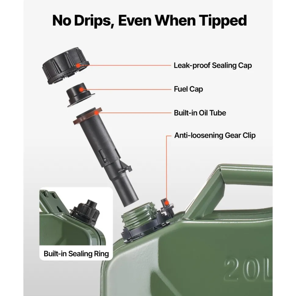 Newly Upgraded Oil-Tight!VEVOR Metal Fuel Container, 5.3 Gallon, Fuel Jerry Can with Spout and Comfort Handle, 6 L/min Max Flow Rate, Leakproof & Corrosion-resistant Metal Gas Tank Most Cars Motorcycle ATV UTV, Green