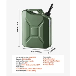 Newly Upgraded Oil-Tight!VEVOR Metal Fuel Container, 5.3 Gallon, Fuel Jerry Can with Spout and Comfort Handle, 6 L/min Max Flow Rate, Leakproof & Corrosion-resistant Metal Gas Tank Most Cars Motorcycle ATV UTV, Green