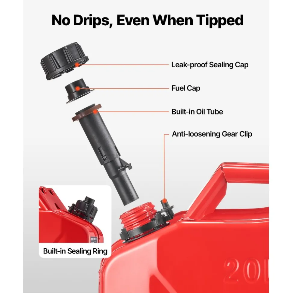 Newly Upgraded Oil-Tight!VEVOR Metal Fuel Container, 5.3 Gallon, Fuel Jerry Can with Spout and Comfort Handle, 6 L/min Max Flow Rate, Leakproof & Corrosion-resistant Metal Gas Tank Most Cars Motorcycle ATV UTV, Red