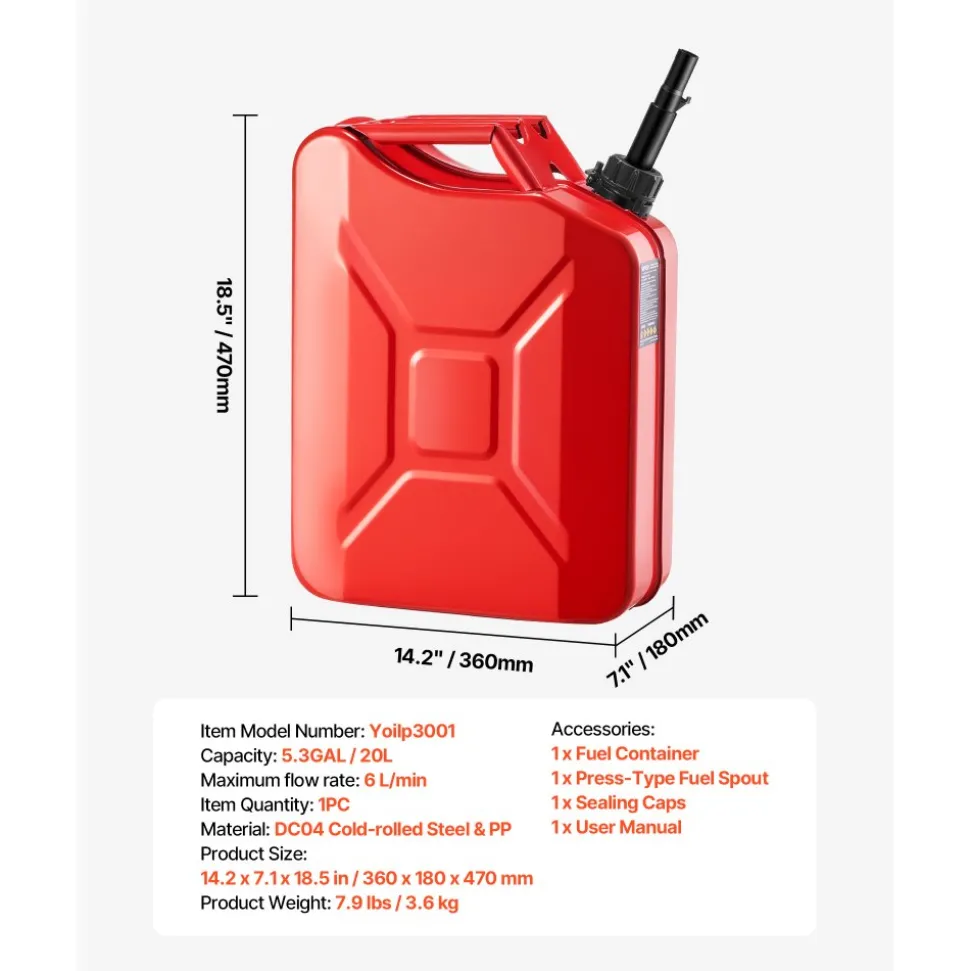 Newly Upgraded Oil-Tight!VEVOR Metal Fuel Container, 5.3 Gallon, Fuel Jerry Can with Spout and Comfort Handle, 6 L/min Max Flow Rate, Leakproof & Corrosion-resistant Metal Gas Tank Most Cars Motorcycle ATV UTV, Red