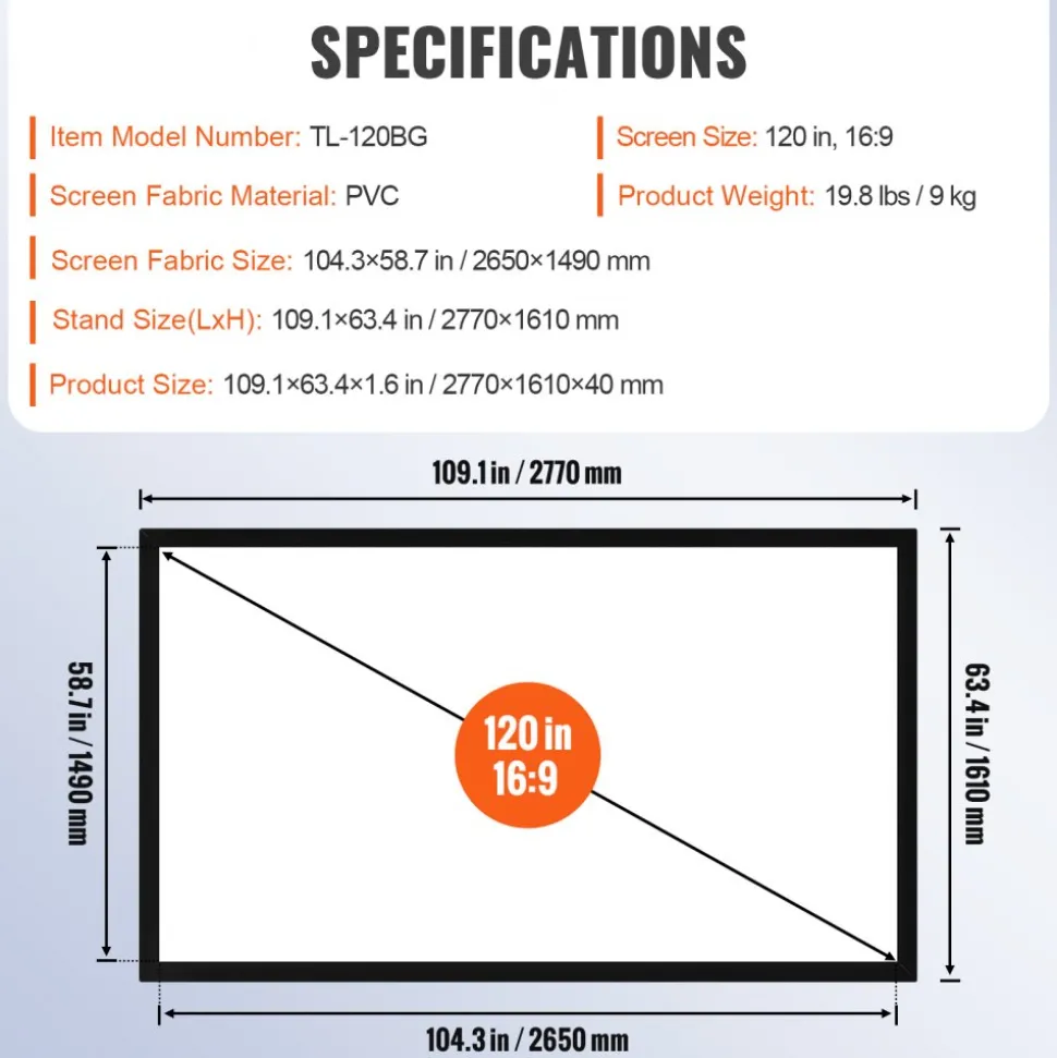 120" 16:9 Projector Screen Fixed Frame 4K HDTV Movie Theater 3D