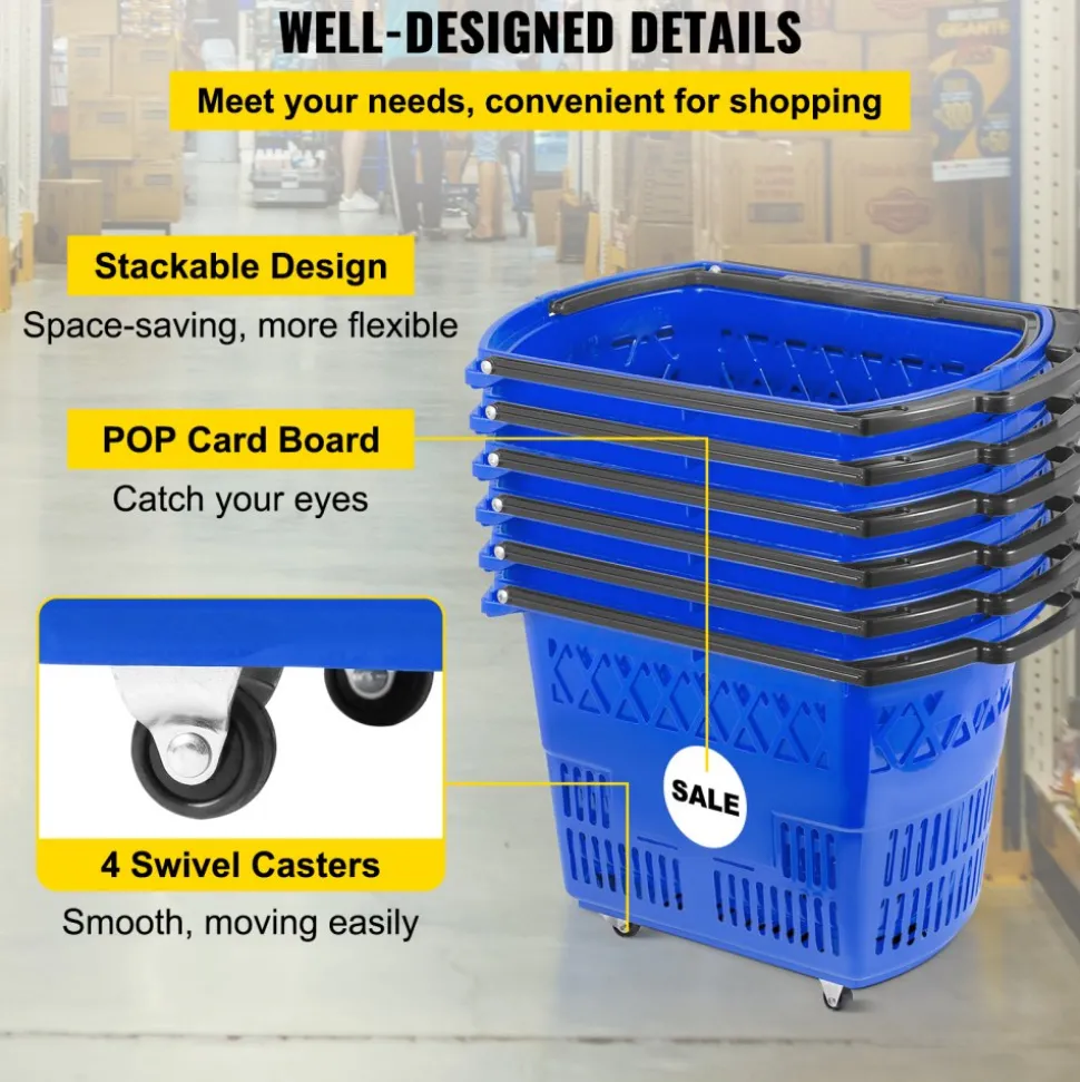 Shopping Basket with Handle on Castors- Blue Pack of 6
