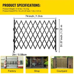 Single Folding Security Gate, 74"W x 51.57"H Folding Door Gate, Steel Accordion Security Gate, Flexible Expanding Security Gate, 360° Rolling Barricade Gate, Scissor Gate or Door with Padlock