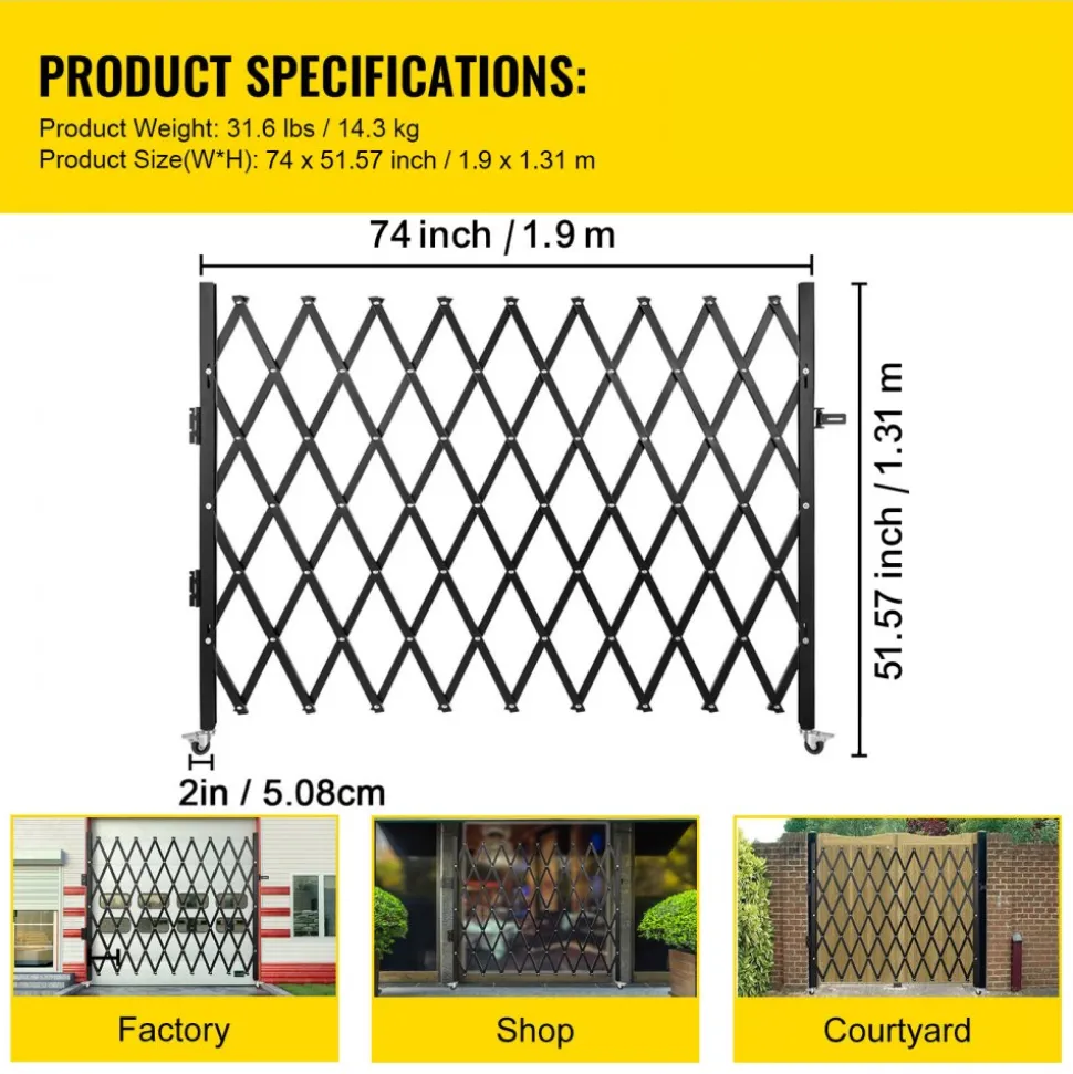 Single Folding Security Gate, 74"W x 51.57"H Folding Door Gate, Steel Accordion Security Gate, Flexible Expanding Security Gate, 360° Rolling Barricade Gate, Scissor Gate or Door with Padlock