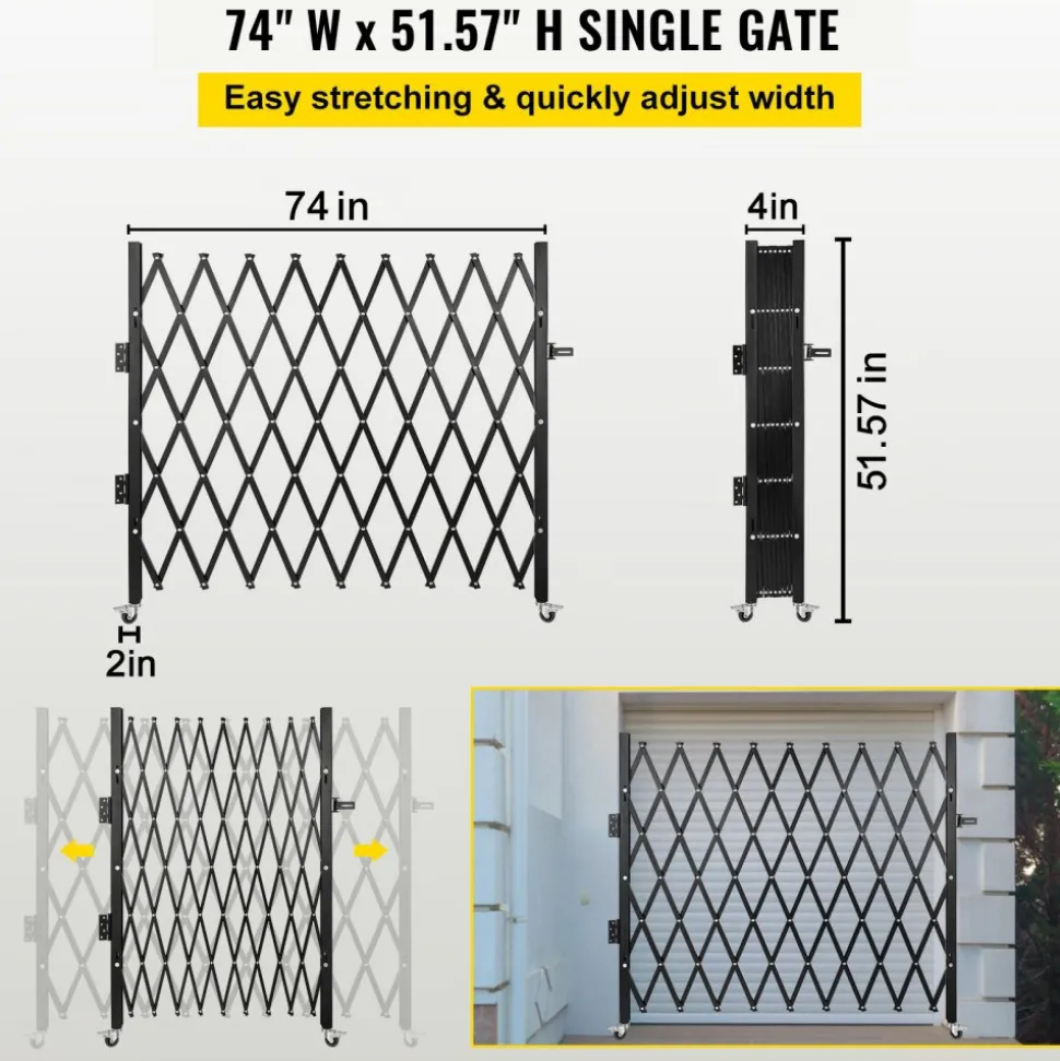 Single Folding Security Gate, 74"W x 51.57"H Folding Door Gate, Steel Accordion Security Gate, Flexible Expanding Security Gate, 360° Rolling Barricade Gate, Scissor Gate or Door with Padlock