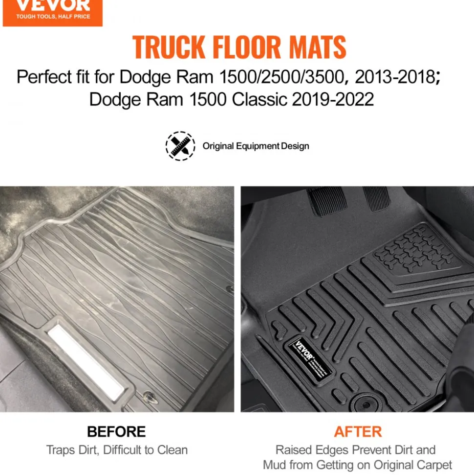 SKYSHALO Truck Floor Liners, Fits Dodge Ram 1500/2500/3500 & 1500 Classic 2013-2018/2019-2022(Crew Cab Only), Include 3 Front & Second Row Mats, Weather-Resistant TPE Custom Fit Mats for Pickup, Black