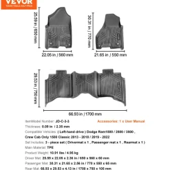 SKYSHALO Truck Floor Liners, Fits Dodge Ram 1500/2500/3500 & 1500 Classic 2013-2018/2019-2022(Crew Cab Only), Include 3 Front & Second Row Mats, Weather-Resistant TPE Custom Fit Mats for Pickup, Black