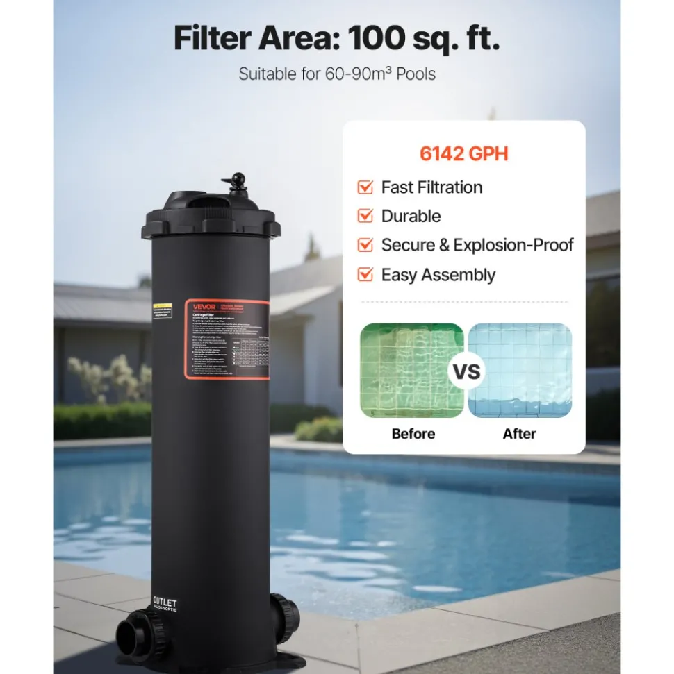 100 sq.ft² Cartridge Pool Filter Valve 6142 GPH Swimming Pool Filtration System