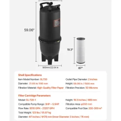 725 sq.ft² Cartridge Pool Filter Valve 21207GPH Swimming Pool Filtration System