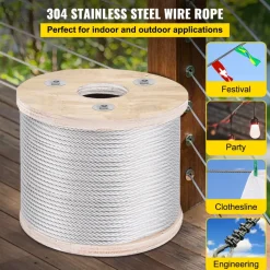 304 Stainless Steel Wire Rope Cable, 3/16", 7x19, 250 ft reel