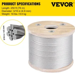 304 Stainless Steel Wire Rope Cable, 3/16", 7x19, 250 ft reel