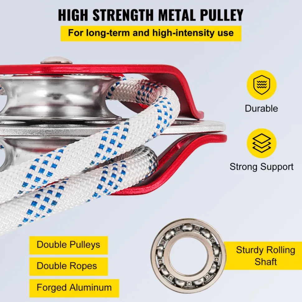 Twin Sheave Block and Tackle 0.43-0.5Inch 100-200Ft Twin Sheave Block with Braid Rope 30-35KN 6600-7705LBS Double Pulley Rigging (1/2" x 200')