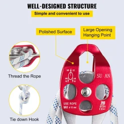 Twin Sheave Block and Tackle 7700LBS Pulley 150Ft, 1/2Inch Double Braid Rope