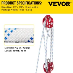 Twin Sheave Block and Tackle 7700LBS Pulley 150Ft, 1/2Inch Double Braid Rope