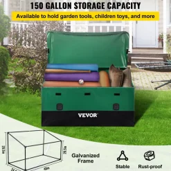 VEOVR Outdoor Storage Box, 150 Gallon Waterproof PE Tarpaulin Deck Box with Galvanized Frame, All-Weather Protection & Portable, for Camping, Garden, Poolside, and Yard, Brown & Blue