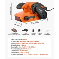 VEVOR 7A Belt Sander 3" x 21" Woodworking Belt Sander 6 Speeds 630-1200 FPM, 2-in-1 Handheld & Benchtop Sanding Machine with 2 Dust Bags, 10PCS Sanding Belts & 2 Clamps for Woodworking Projects