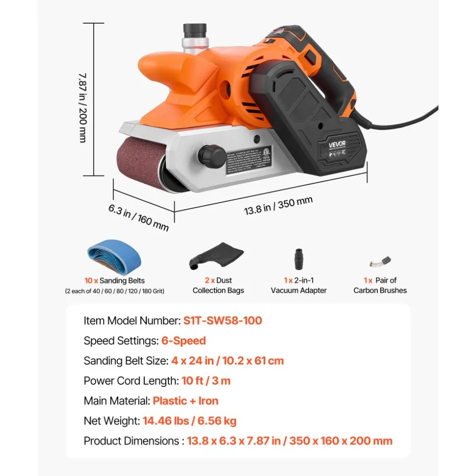 VEVOR 11.5A Belt Sander 4" x 24" Woodworking Belt Sander 6 Variable Speeds, 900-1550 FPM Sanding Machine with 10PCS Sanding Belts, 2 Dust Bags & 2-in-1 Vacuum Adapter for Woodworking Projects