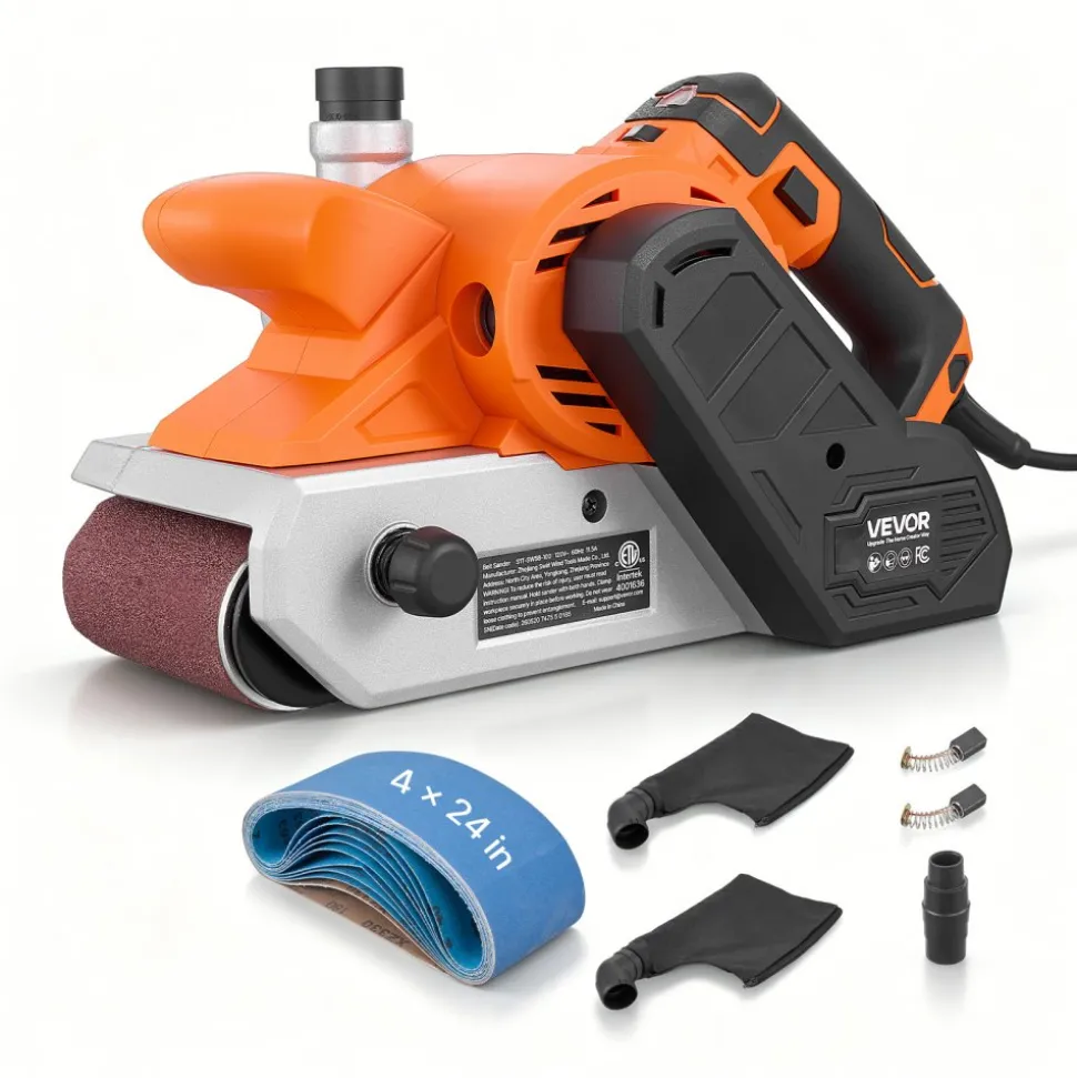 VEVOR 11.5A Belt Sander 4" x 24" Woodworking Belt Sander 6 Variable Speeds, 900-1550 FPM Sanding Machine with 10PCS Sanding Belts, 2 Dust Bags & 2-in-1 Vacuum Adapter for Woodworking Projects