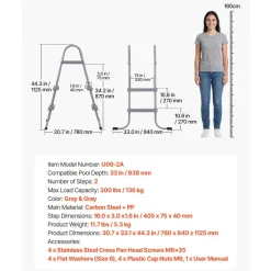 VEVOR Above Ground Pool Ladder, 2-Step Steel A-Frame Swimming Pool Stairs for 33 in High Wall, 300 lbs Capacity Entry/Exit Steps with Secure Non-Slip Sturdy Wide Step, Easy Setup Outdoor, Gray