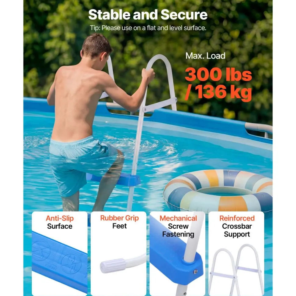 VEVOR Above Ground Pool Ladder, 3-Step Steel A-Frame Swimming Pool Stairs for 36 in High Wall, 300 lbs Capacity Entry/Exit Steps with Secure Non-Slip Sturdy Wide Step, Easy Setup, White & Blue