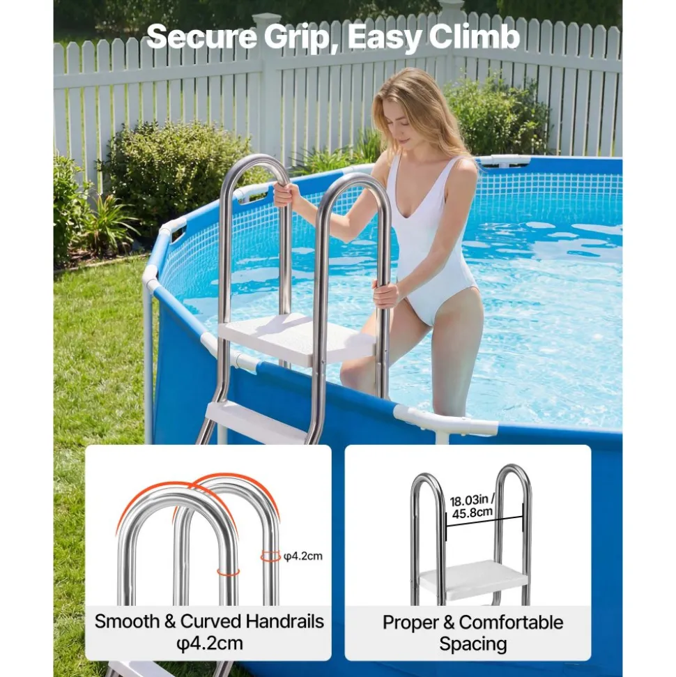 VEVOR Above Ground Pool Ladder, Stainless Steel A-Frame Swimming Pool Stairs for 49.2 in High Wall, 330 lbs Capacity Heavy Duty Entry/Exit Steps with Secure Non-Slip 4 Steps and Platform, Silver